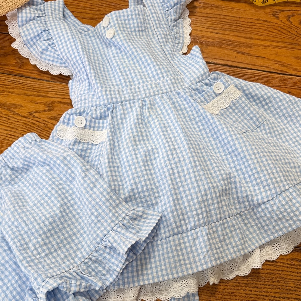 Makena Lane blue gingham check pinafore style dress and bloomers.  Size 8.